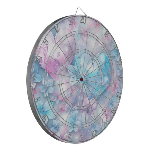 Roze Aqua Harten en Bloemen Dartboard Dartbord (Voorkant Links)