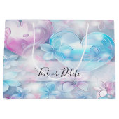 Roze Aqua Harten en Bloemen Gift Bag Groot Cadeauzakje (Voorkant)