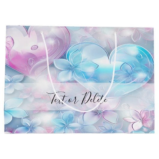 Roze Aqua Harten en Bloemen Gift Bag Groot Cadeauzakje (Achterkant)