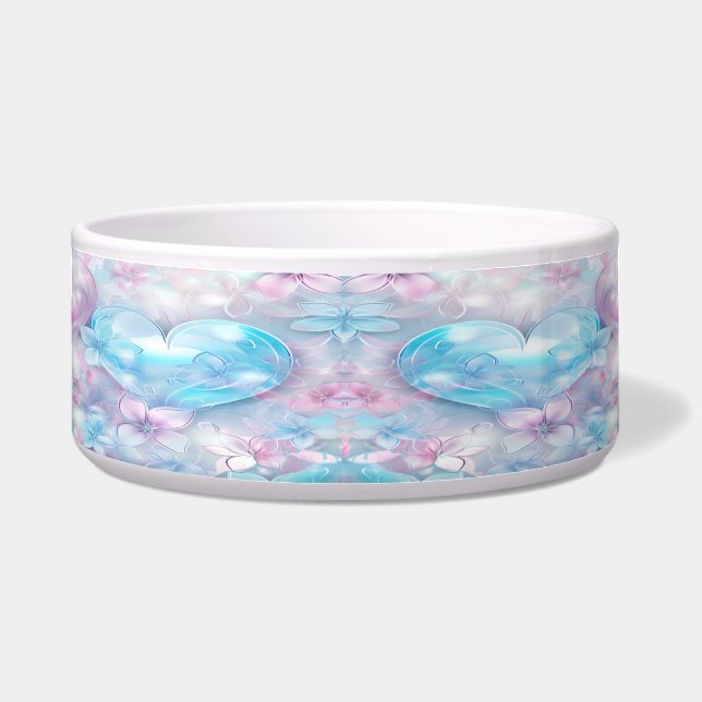 Roze Aqua Harten en Bloemen Keramische Pet Bowl Voerbakje (Voorkant)