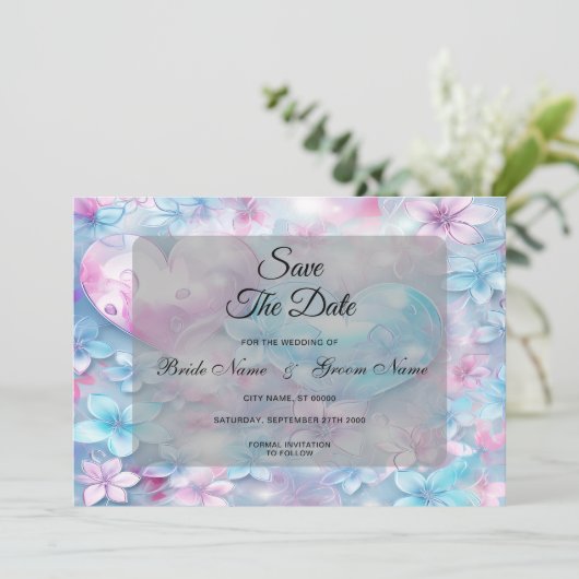 Roze Aqua Harten en Bloemen Save The Date (Staand voorkant)