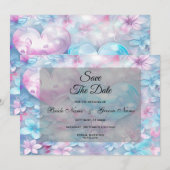 Roze Aqua Harten en Bloemen Save The Date (Voorkant / Achterkant)
