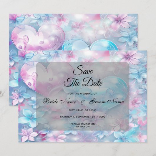 Roze Aqua Harten en Bloemen Save The Date (Voorkant / Achterkant)