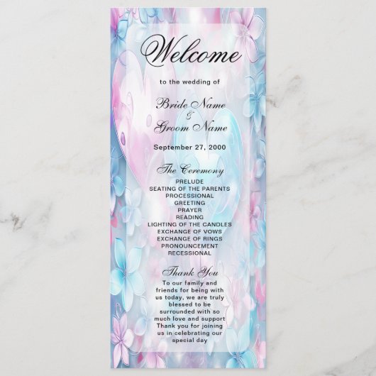 Roze Aqua Harten en Bloemen Wedding Programma Programmakaart (Voorkant)