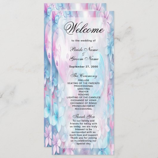 Roze Aqua Harten en Bloemen Wedding Programma Programmakaart (Voorkant / Achterkant)