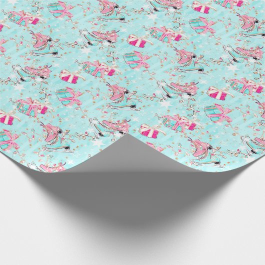 Roze & Aqua Ice Schaatsen & Kerstcadeaus Cadeaupapier (Hoek)