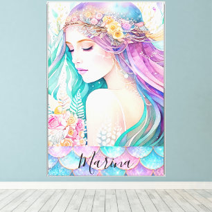 Roze, Aqua & Lila Ethische Bloemrijke Zeemeermin S Canvas Afdruk