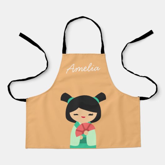 Roze aqua peach Kokeshi Japanse poppen Schort (Voorkant)