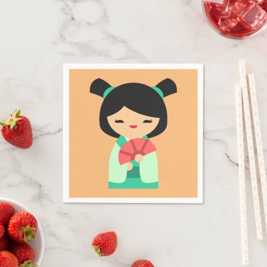 Roze aqua peach Kokeshi Japanse poppen Servet (Insitu)