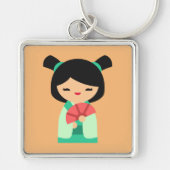 Roze aqua peach Kokeshi Japanse poppen Sleutelhanger (Voorkant)