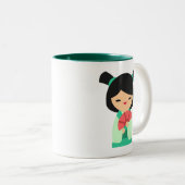 Roze aqua peach Kokeshi Japanse poppen Tweekleurige Koffiemok (Voorkant rechts)