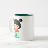 Roze aqua peach Kokeshi Japanse poppen Tweekleurige Koffiemok (Voorkant links)