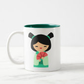 Roze aqua peach Kokeshi Japanse poppen Tweekleurige Koffiemok (Links)