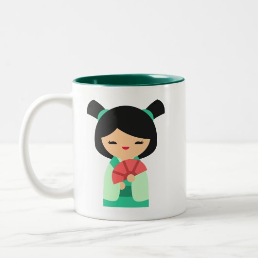 Roze aqua peach Kokeshi Japanse poppen Tweekleurige Koffiemok (Links)