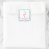 Roze & Aqua Santa Flamingo Beach Kerstcadeau Vierkante Sticker (Tas)