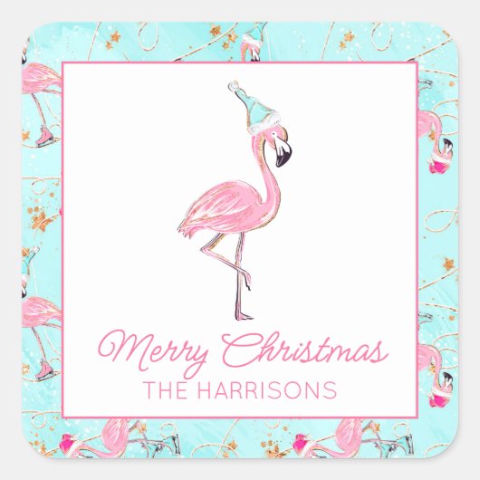 Roze & Aqua Santa Flamingo Beach Kerstcadeau Vierkante Sticker (Voorkant)