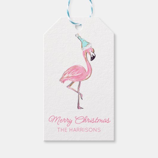 Roze & Aqua Santa Flamingo Beach Kerstmis Cadeaulabel (Voorkant)