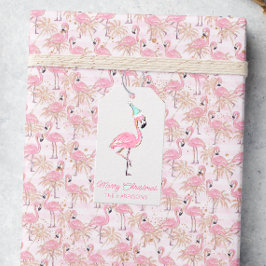 Roze & Aqua Santa Flamingo Beach Kerstmis Cadeaulabel