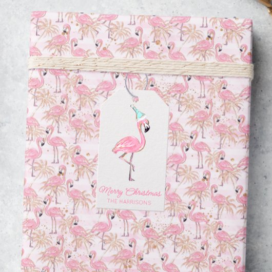 Roze & Aqua Santa Flamingo Beach Kerstmis Cadeaulabel
