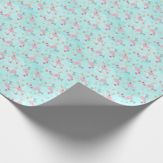 Roze & Aqua Schaatsen Flamingo's Kerstmis Cadeaupapier (Hoek)