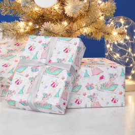 Roze & Aqua Skating & Santa Tassen Kerstmis Cadeaupapier