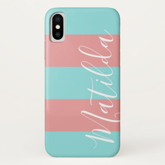 Roze Aqua Stripe Persoonlijke benaming Case-Mate iPhone Case (Achterkant)