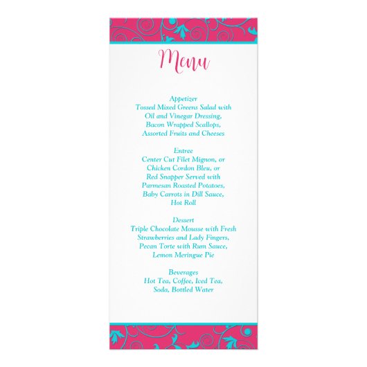 Roze, Aqua Swirls Bruiloft/Jubileum Menu Kaart (Achterkant)