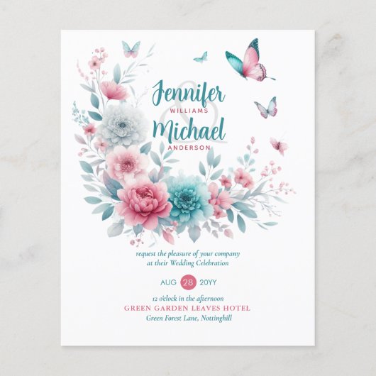 Roze Aqua Zilver Bloem Boho Lente Zomer Bruiloft (Voorkant)