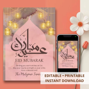Roze Aquarel Alcohol Inkt Eid Mubarak Kaart