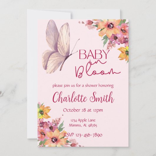 Roze Aquarel Baby Shower Uitnodiging (Voorkant)