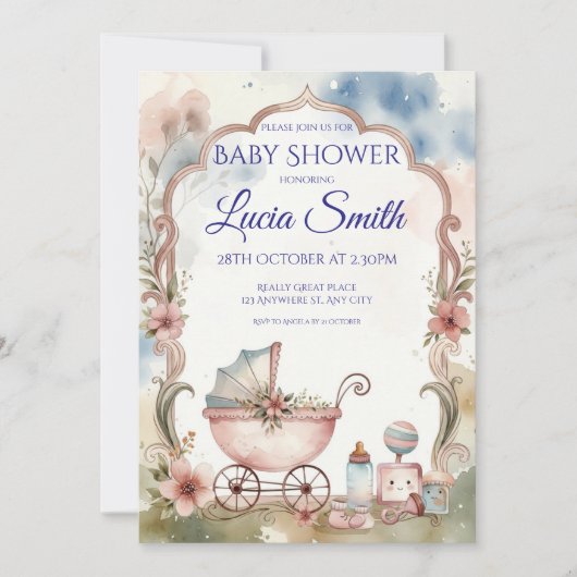 Roze Aquarel Babyshower Uitnodiging (Voorkant)
