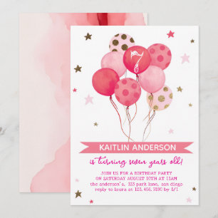 Roze Aquarel Ballonnen Meisje 7de Verjaardagsfeest Kaart