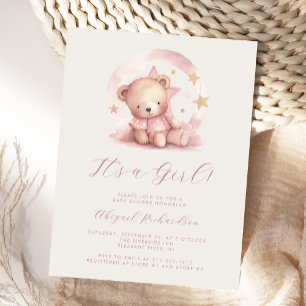 Roze Aquarel Beer Meisje Baby Shower Briefkaart
