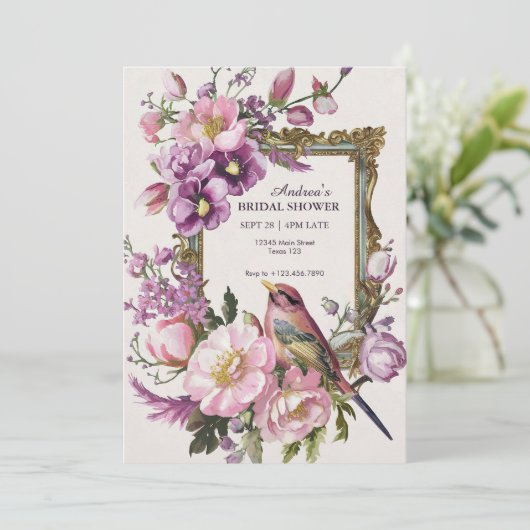 Roze aquarel bloem bloeiende vogel Bruidsdouche Save The Date (Staand voorkant)