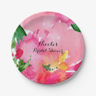 Roze Aquarel Bloem Bloemrijke Zomer Bruids Bruilof Papieren Bordje