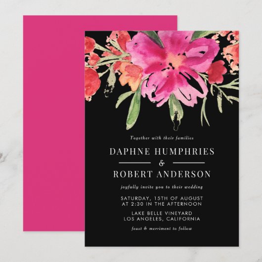 Roze Aquarel Bloem Boeket Trouw Uitnodiging II (Voorkant / Achterkant)