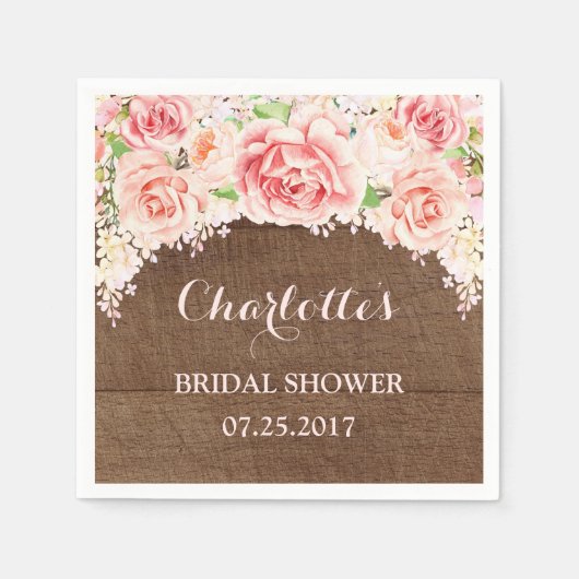 Roze Aquarel Bloem Bruine Houten Bruiloftsborrel Servetten (Voorkant)