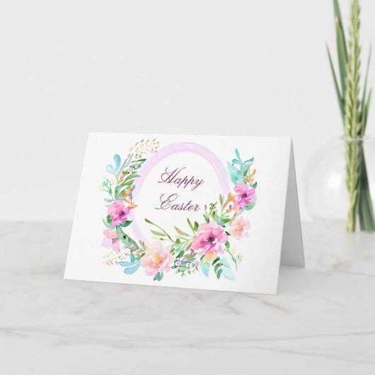 Roze aquarel bloem cirkel frame aangepaste Pasen Feestdagen Kaart (Voorkant)