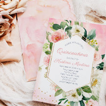 Roze Aquarel Bloem Goud Quinceañera Verjaardag