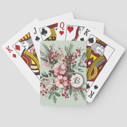 Roze Aquarel Bloem Kerst Seizoens Monogram Pokerkaarten (Achterkant)
