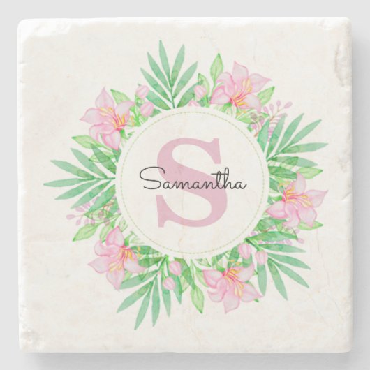 Roze Aquarel Bloem Monogram Stenen Onderzetter (Voorkant)