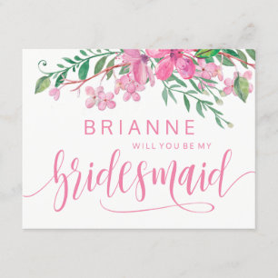 Roze Aquarel Bloem Will Je Mijn Bruidsmeisje Zijn Kaart