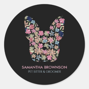 Roze Aquarel Bloem Zwarte Franse Bulldog Ronde Sticker