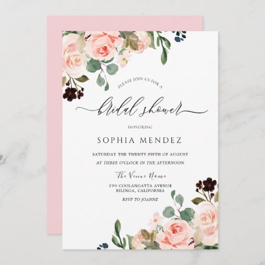 Roze Aquarel Bloemachtige Trouw Bruids Bruiloft Kaart (Voorkant / Achterkant)