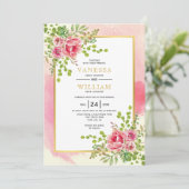 Roze aquarel bloemen bloemrijke boho bruiloft kaart (Staand voorkant)
