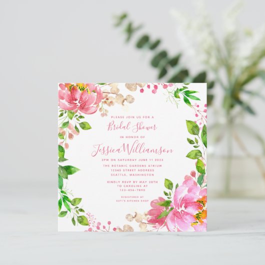 Roze Aquarel Bloemen Bruidsdouche  Kaart (Staand voorkant)