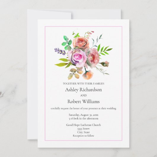 Roze Aquarel Bloemen bruiloft Kaart (Voorkant)
