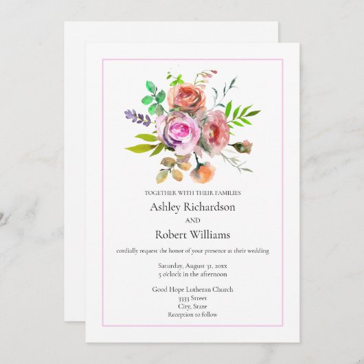 Roze Aquarel Bloemen bruiloft Kaart (Voorkant / Achterkant)