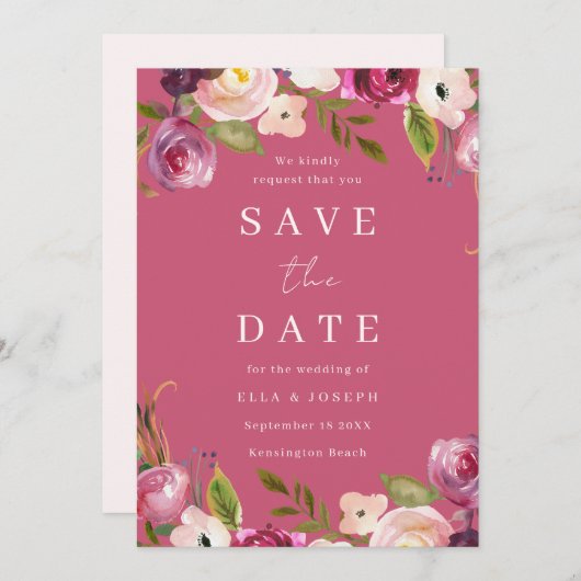 Roze Aquarel Bloemen Bruiloft Vol Kleur Save The Date (Voorkant / Achterkant)