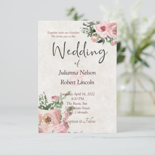 Roze aquarel bloemen bruiloftsinvitaties kaart (Staand voorkant)